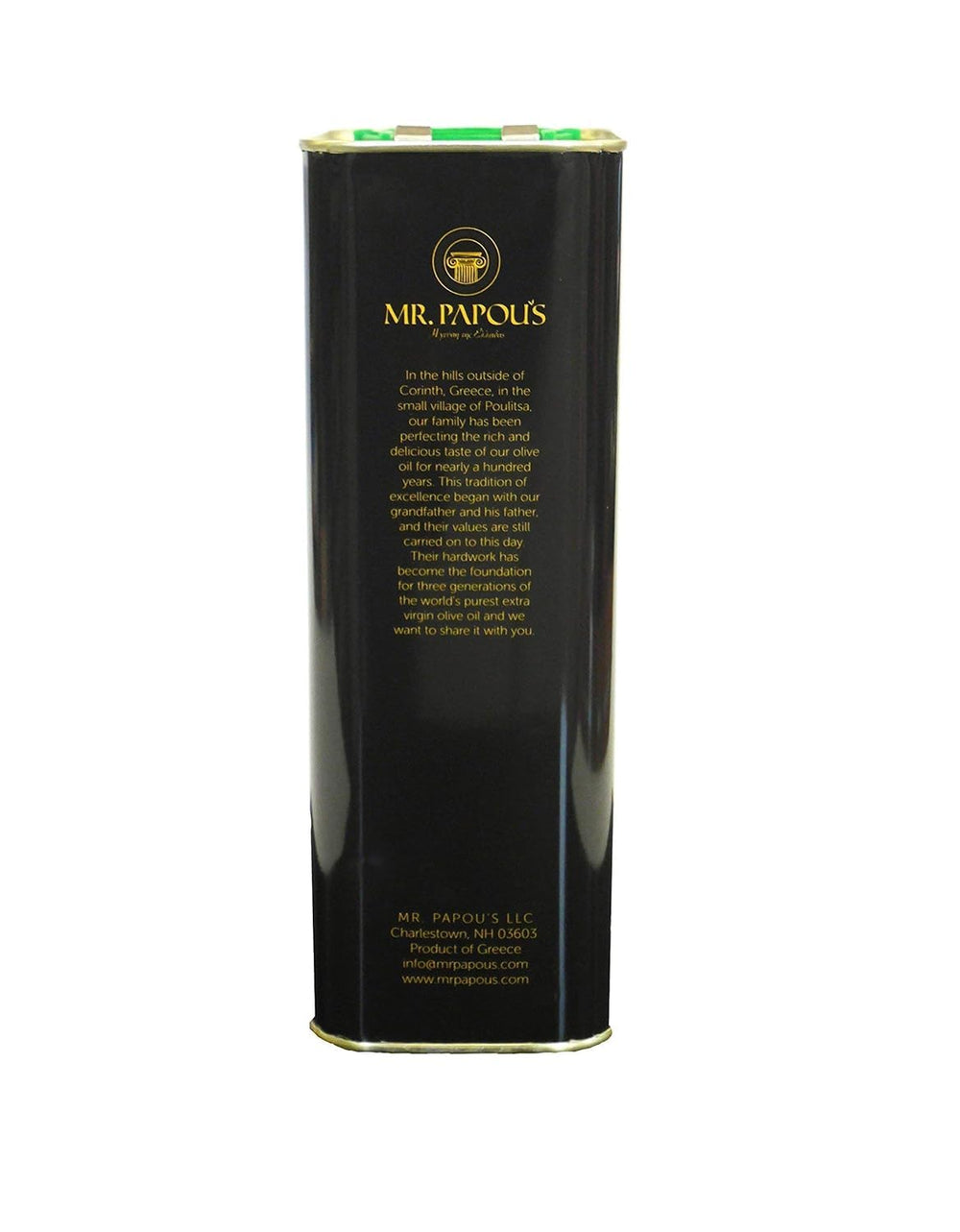 Mr. Papou's EVOO label highlights Greek origin and quality.