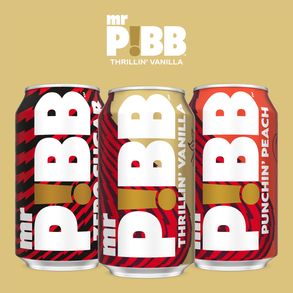 Mr Pibb Thrillin' Vanilla 12oz pack display ideal for stocking at home