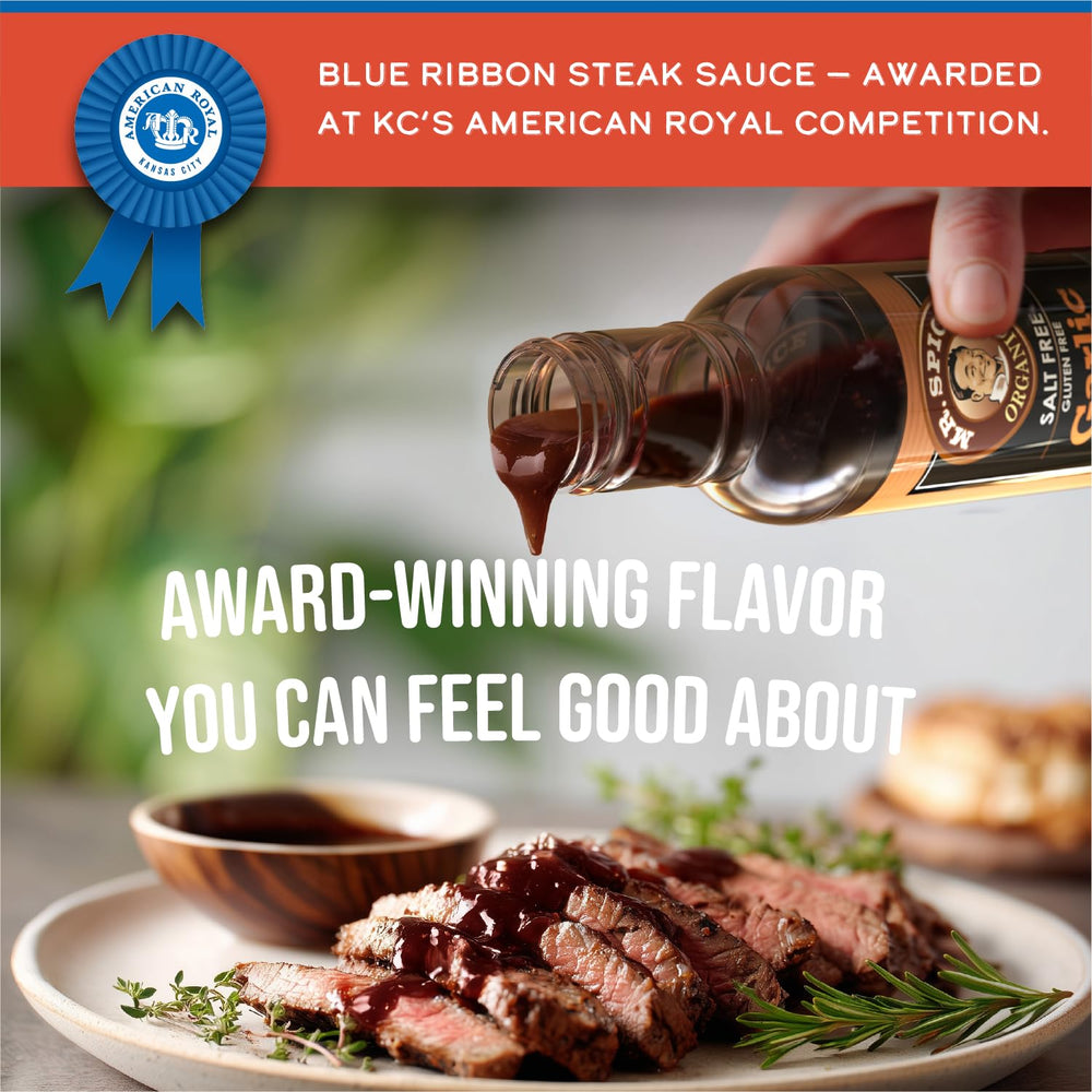 Mr. Spice Organic Garlic Steak Sauce closeup label emphasizes gluten free and clean ingredients.