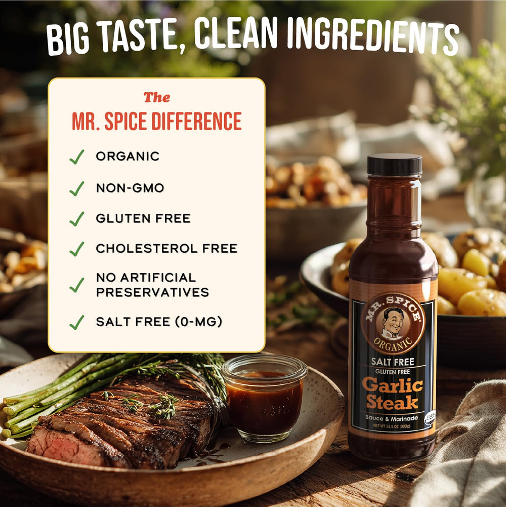 Mr. Spice Organic Garlic Steak Sauce label closeup shows no artificial preservatives and organic badge.