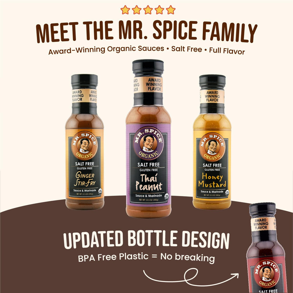 Mr. Spice Organic Garlic Steak Sauce pantry setup highlights easy weeknight dinner options.