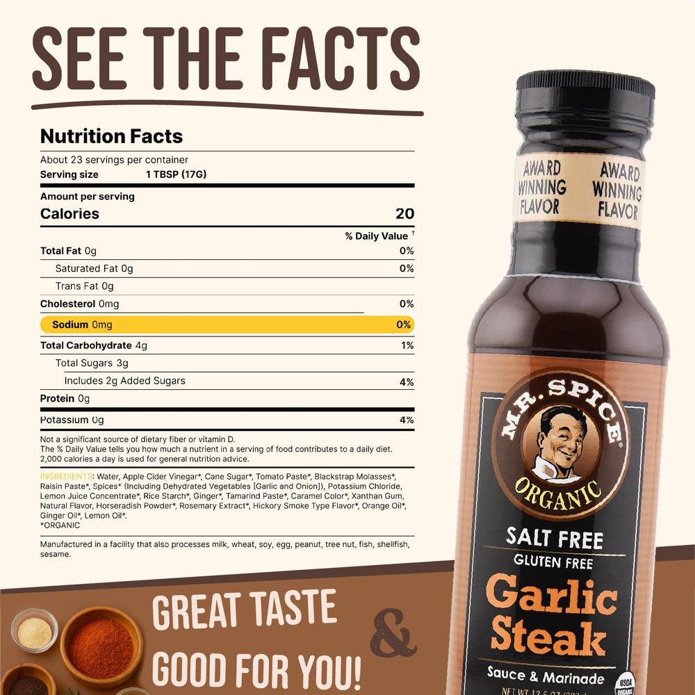 Mr. Spice Organic Garlic Steak Sauce pour demonstrates versatile glaze for grilling and finishing.