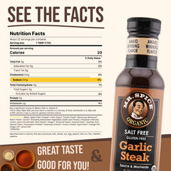 Mr. Spice Organic Garlic Steak Sauce pour demonstrates versatile glaze for grilling and finishing.