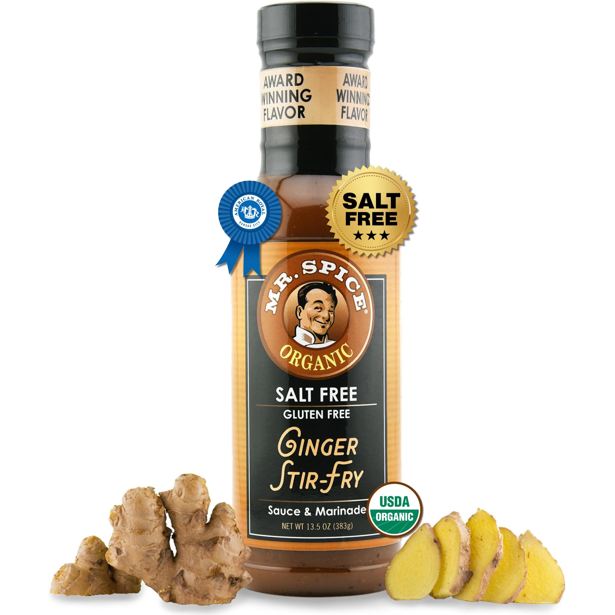 Mr. Spice Organic Ginger Stir Fry Sauce bottle pour showing salt-free, bold flavor for weeknight meals.