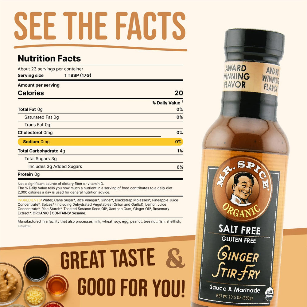 Mr. Spice Organic Ginger Stir Fry Sauce label closeup highlighting gluten-free, clean-label ingredients.