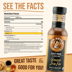 Mr. Spice Organic Ginger Stir Fry Sauce label closeup highlighting gluten-free, clean-label ingredients.
