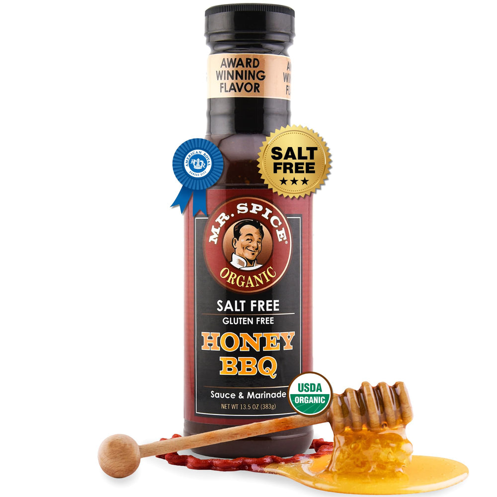 Mr. Spice Organic Honey BBQ Sauce bottle pour for easy glaze on meats
