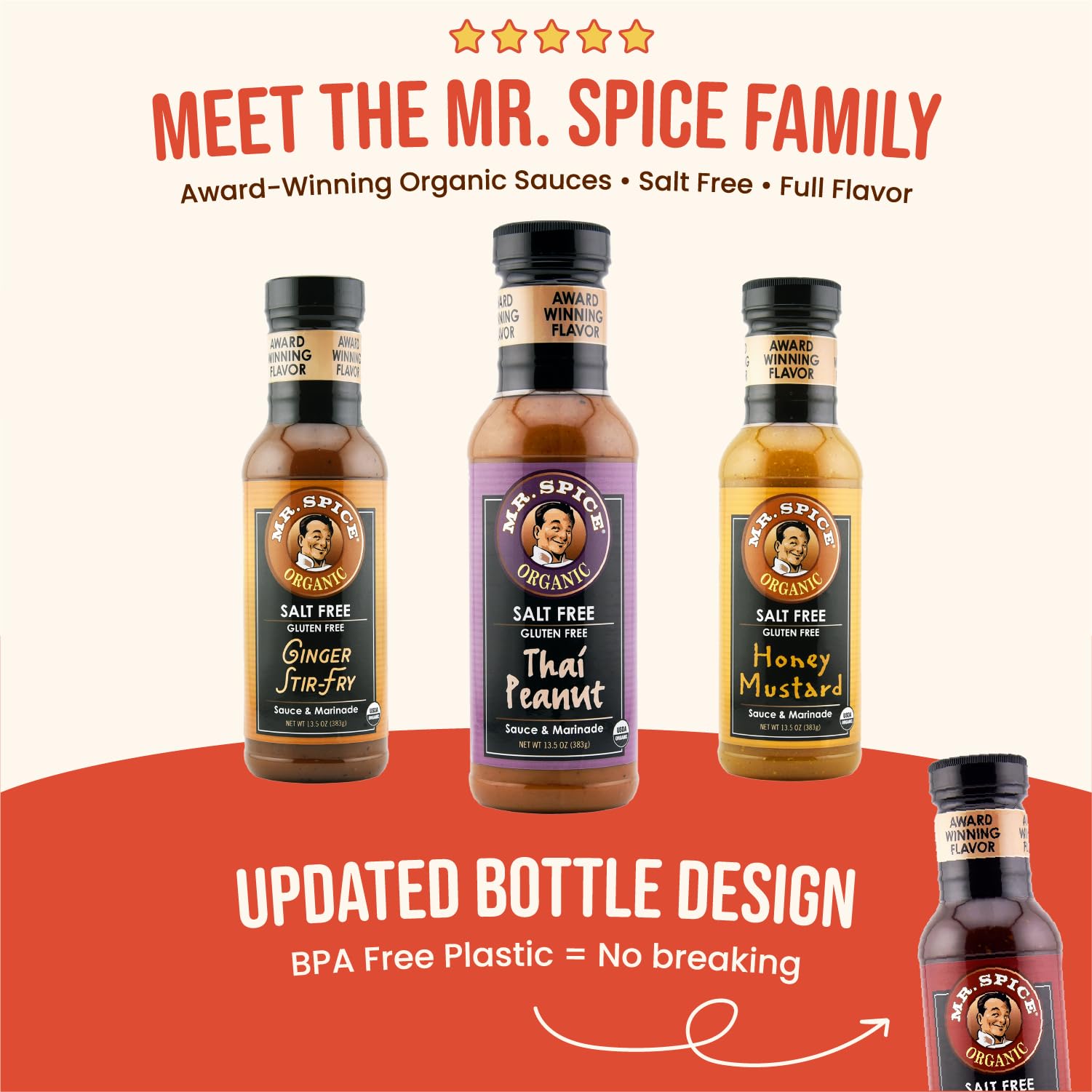 Mr. Spice Organic Honey BBQ Sauce label highlights clean, organic ingredients