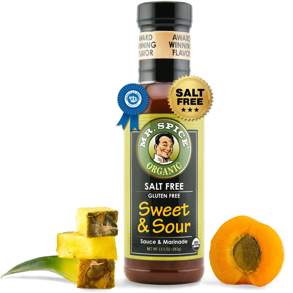 Mr. Spice Organic Sweet & Sour Sauce bottle being poured for tangy flavor