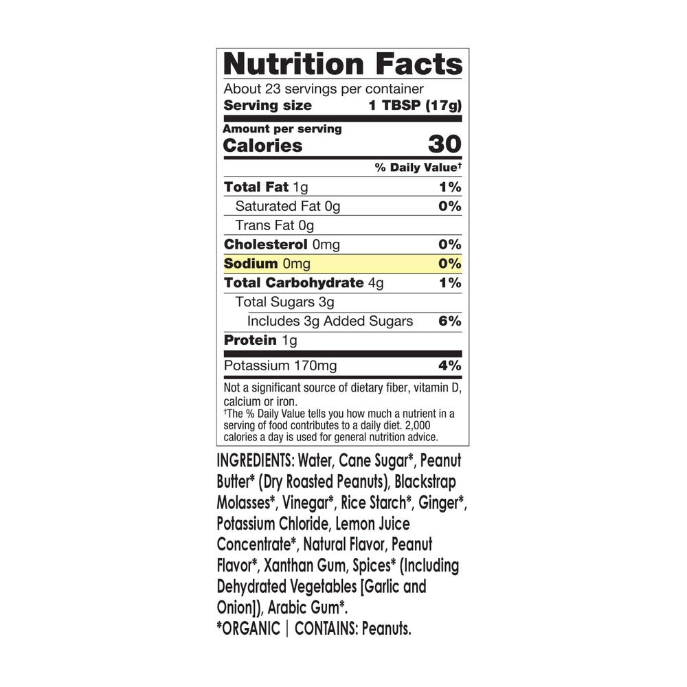 Mr. Spice Organic Thai Peanut Sauce ingredients label highlights gluten-free and organic.