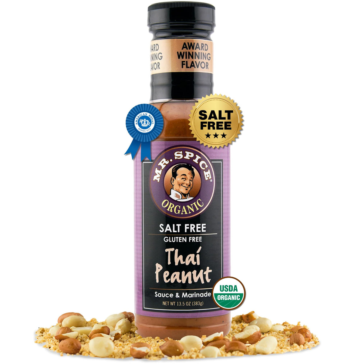 Mr. Spice Organic Thai Peanut Sauce being poured for a low-sodium dinner option.