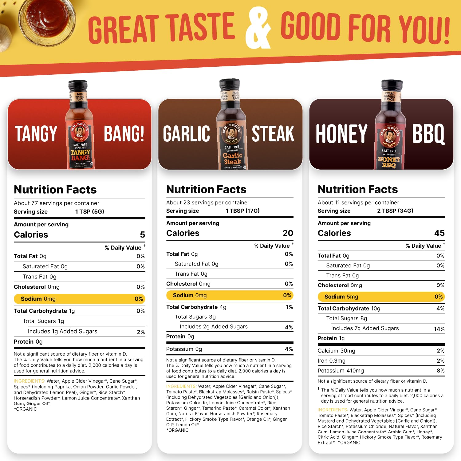 Mr. Spice Garlic Steak marinade bottle emphasizes zero-sodium rich savory aroma.