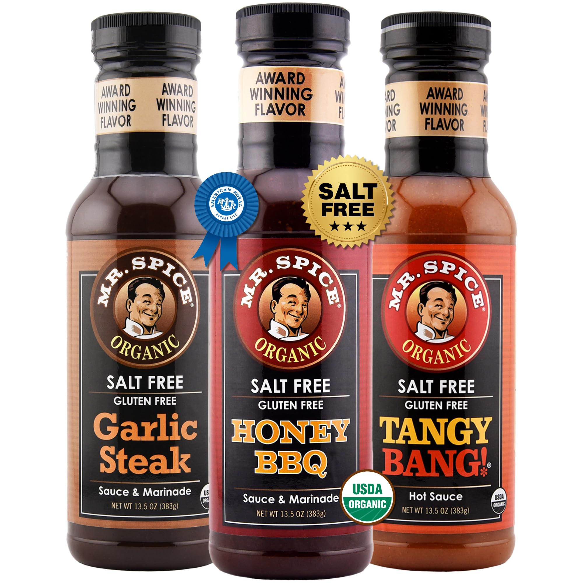 Mr. Spice Honey BBQ glaze bottle highlights low-sodium, smoky sweetness for grills.