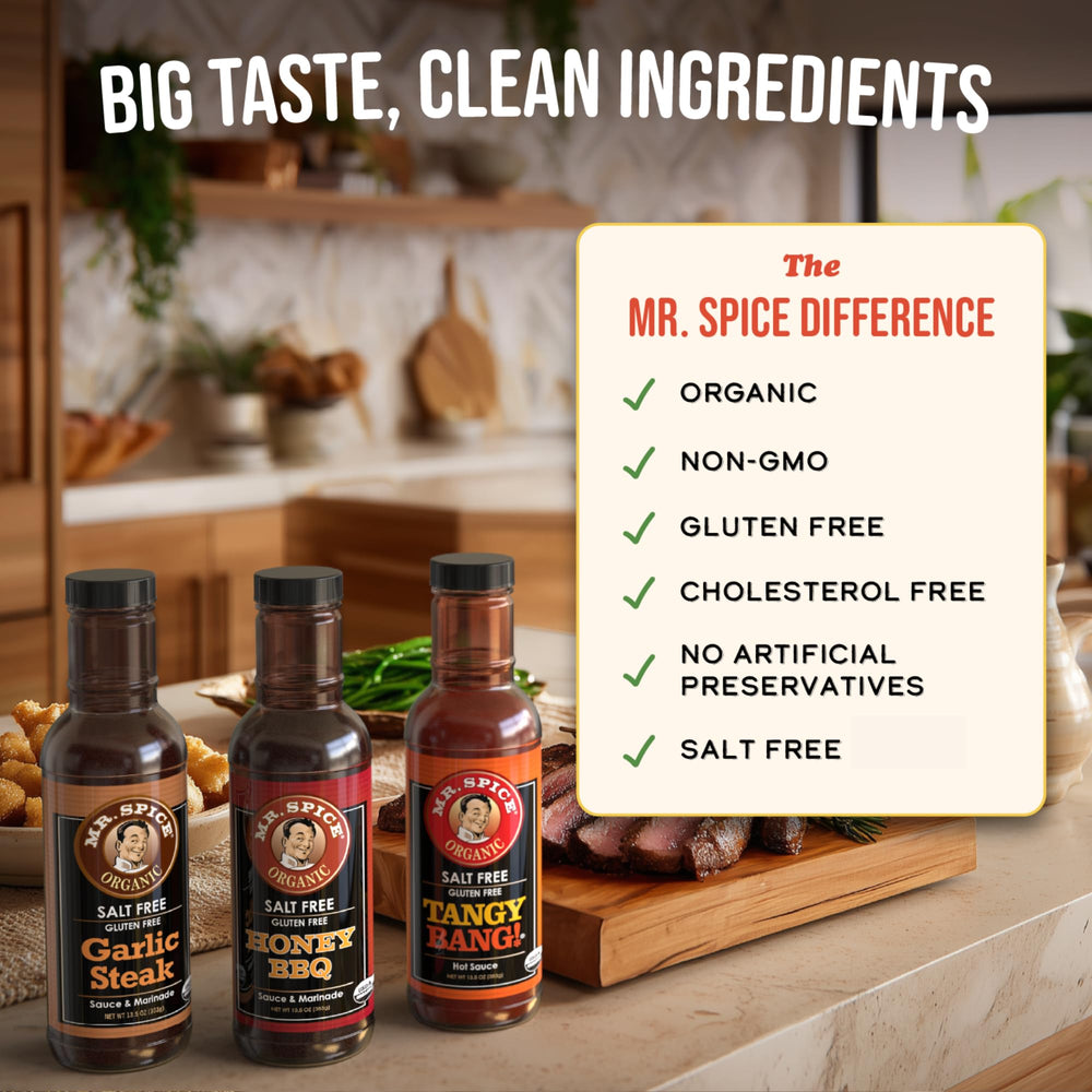 Mr. Spice pantry shot of sauces ready for everyday meals and marinating.