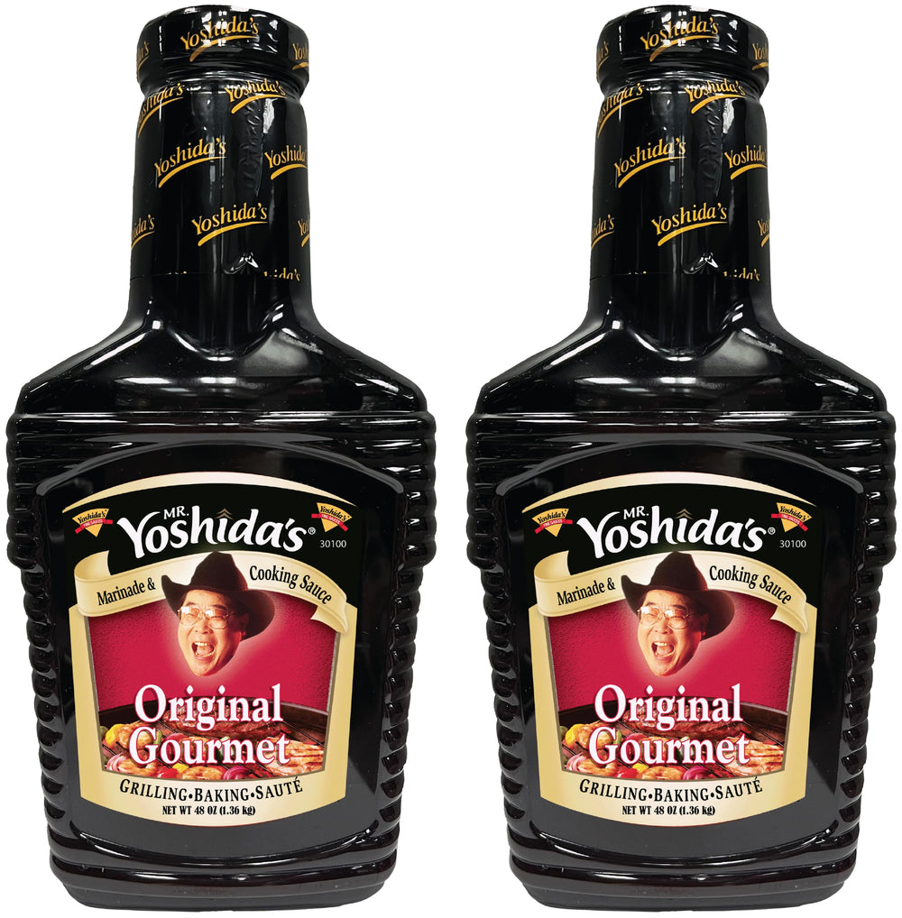 Mr. Yoshida's Original Japanese Barbecue Marinade bottle pour adds a glossy glaze to grilled chicken