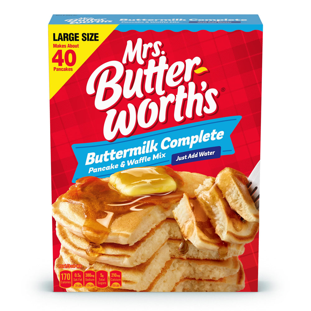 Mrs. Butterworth's pancake mix packaging ready for pantry storage.