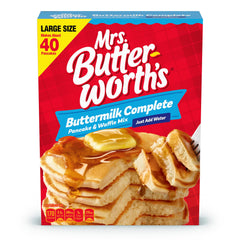 Mrs. Butterworth's pancake mix packaging ready for pantry storage.