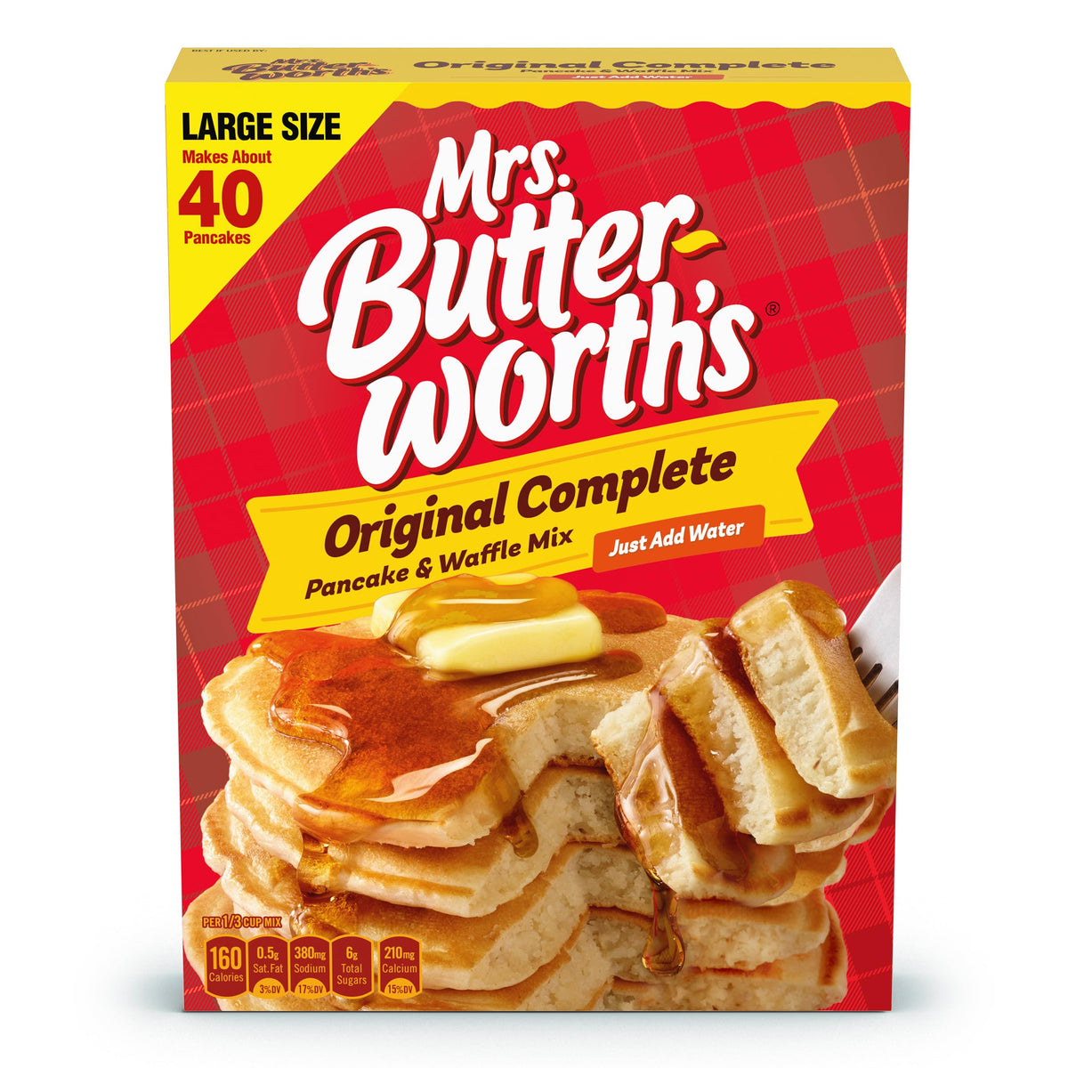 Mrs. Butterworth's pancake-waffle mix box front, a quick family-friendly breakfast option.