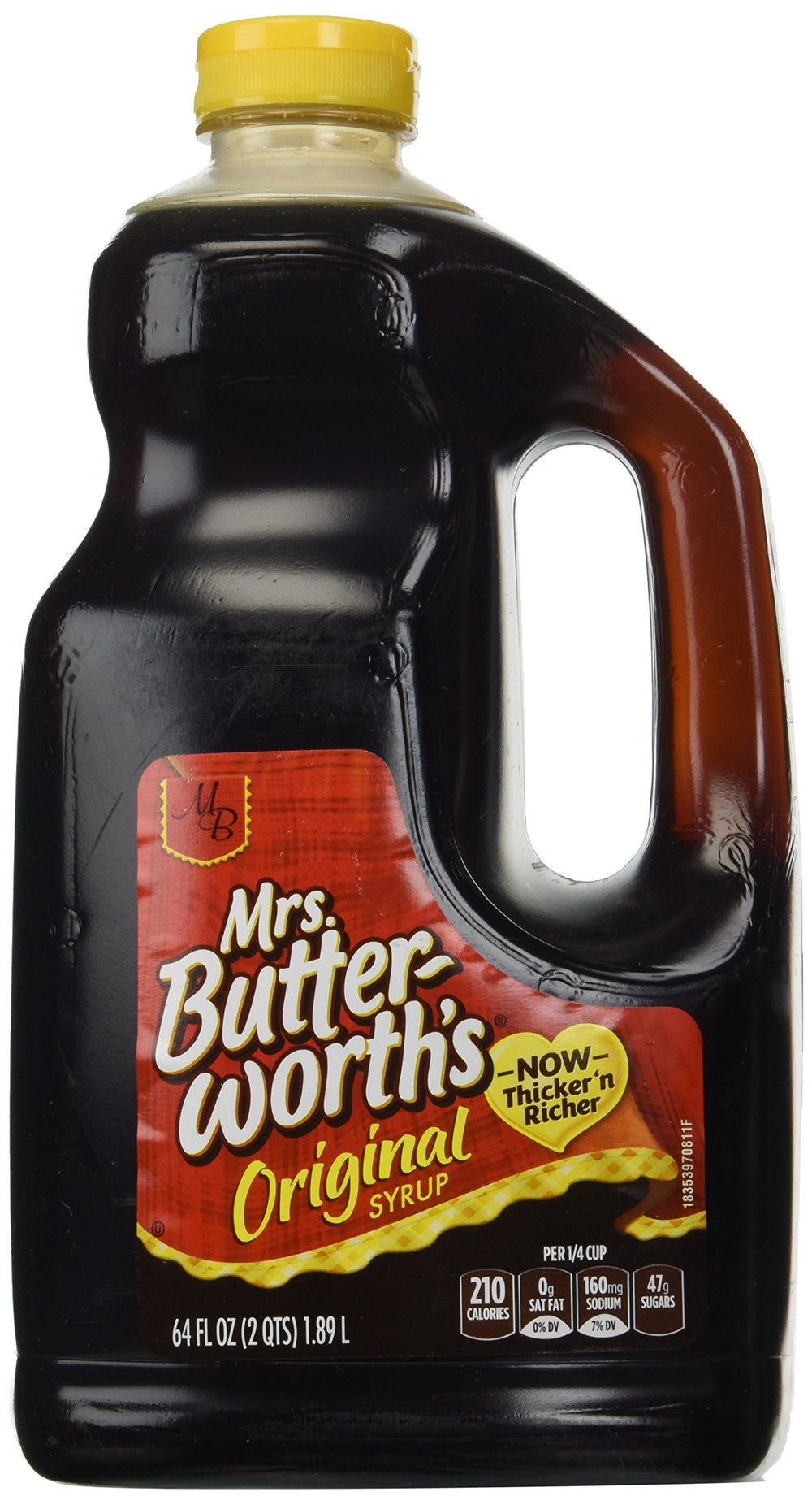 Mrs. Butterworth's Thick-n-Rich syrup bottle pouring over pancakes for breakfast.