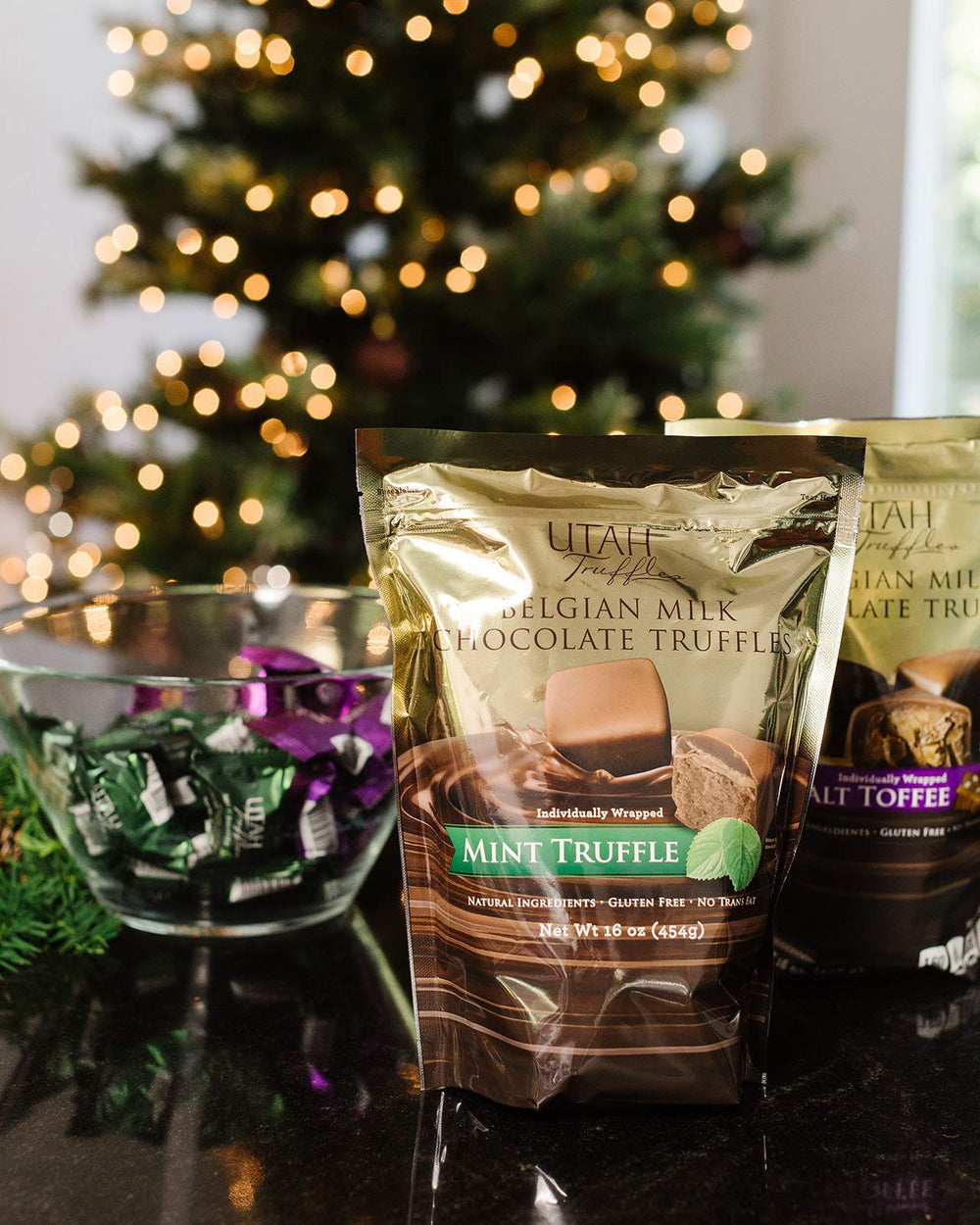 A decorative bowl of Mrs. Call's Utah Truffles ready for gifting.