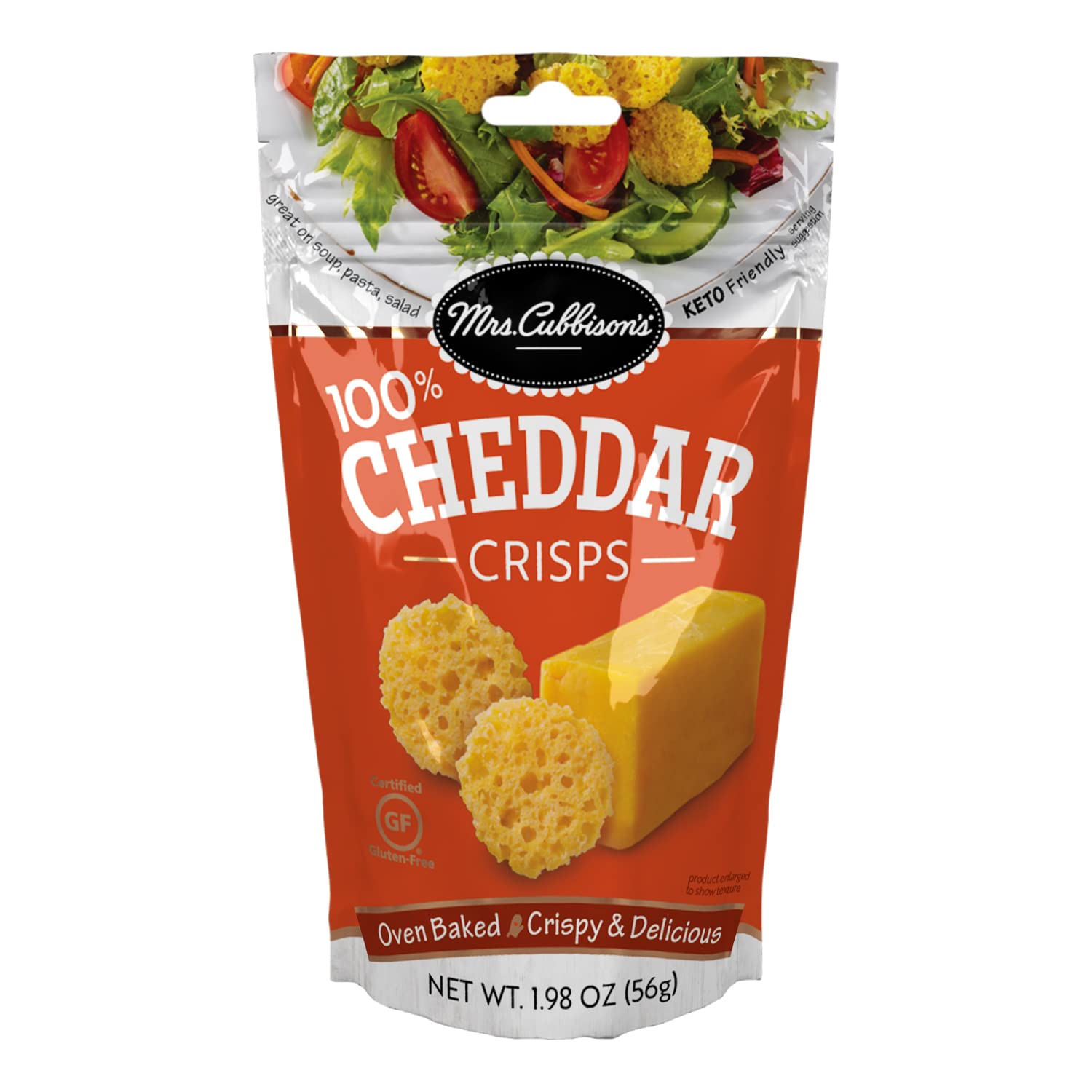 Mrs. Cubbison's cheddar cheese crisps pack shot, convenient gluten-free snack.