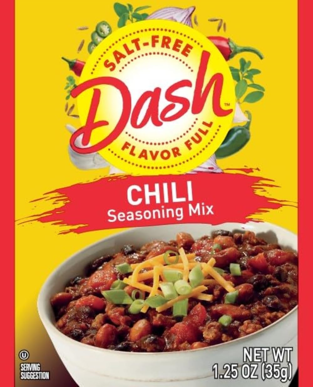 Mrs. Dash chili seasoning packets arranged for display, salt-free flavor boost for chili.