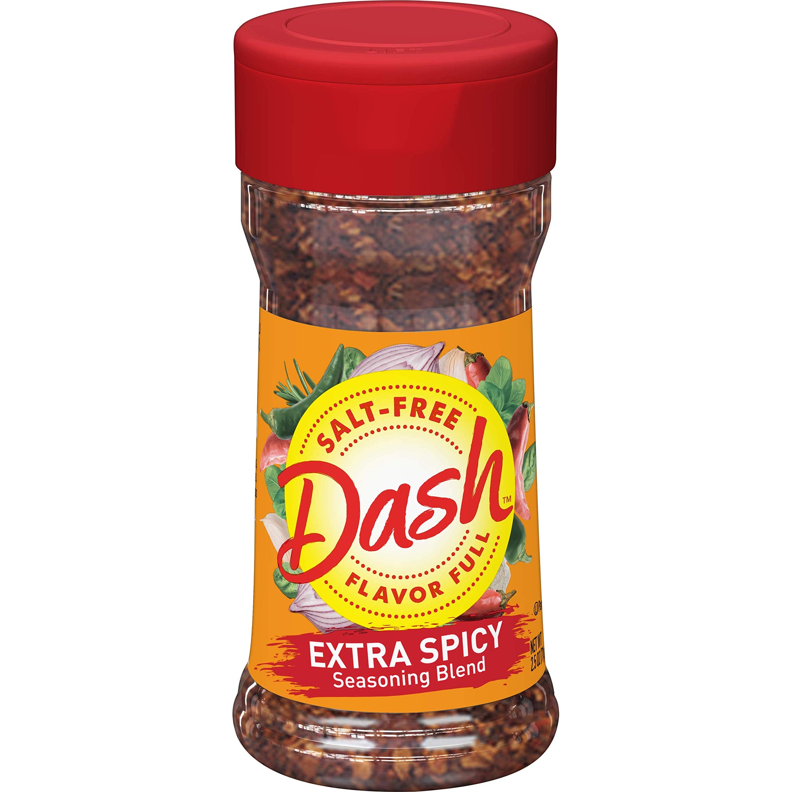 Mrs. Dash Extra Spicy bottle pour highlights salt-free heat for everyday meals.