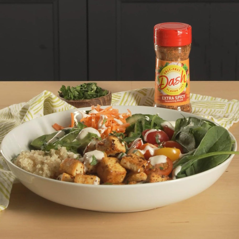 Mrs. Dash Extra Spicy burger seasoning for grilled patties with bold finish.