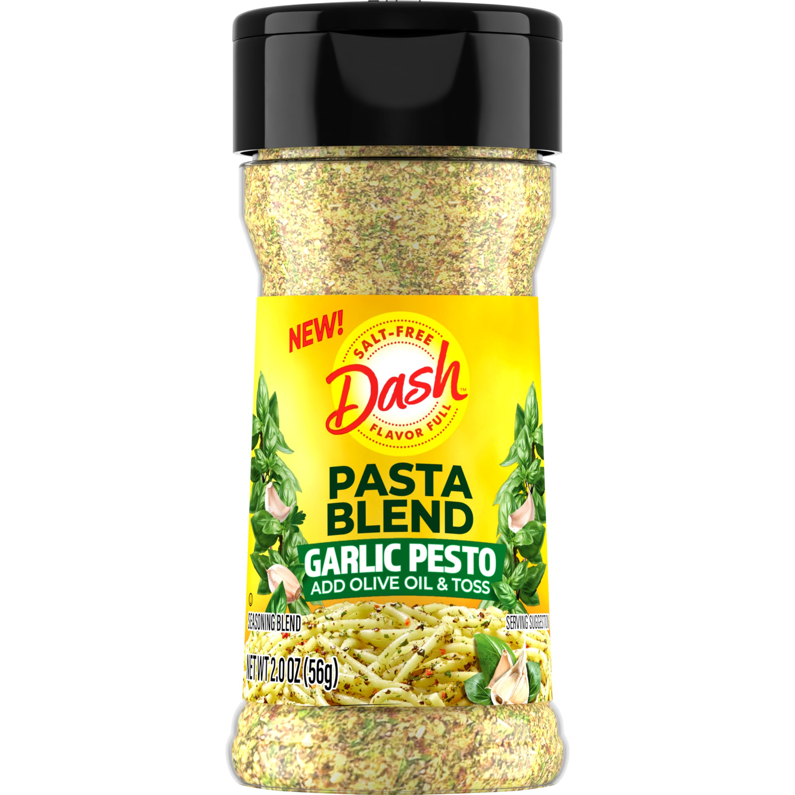 Mrs Dash Garlic Pesto bottle pour adds salt-free garlic flavor to pasta.