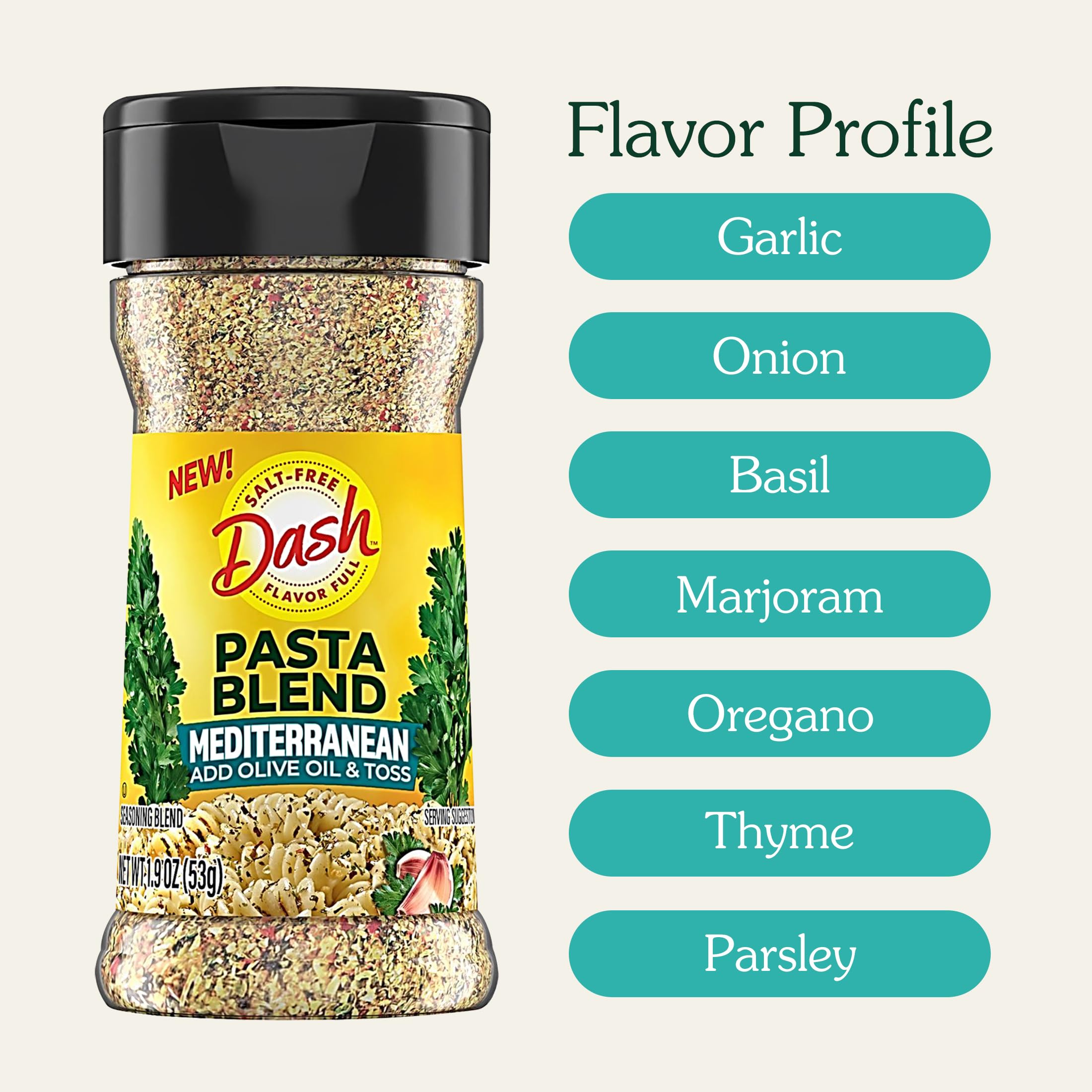 Mrs. Dash Mediterranean herb blend close-up showing fresh garlic and basil aroma.