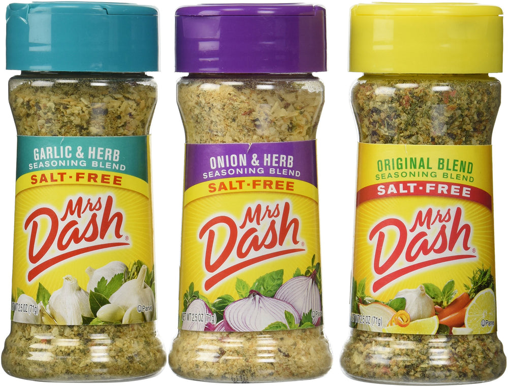 Mrs. Dash Original seasoning bottle on the counter, salt-free flavor enhancement for everyday meals.