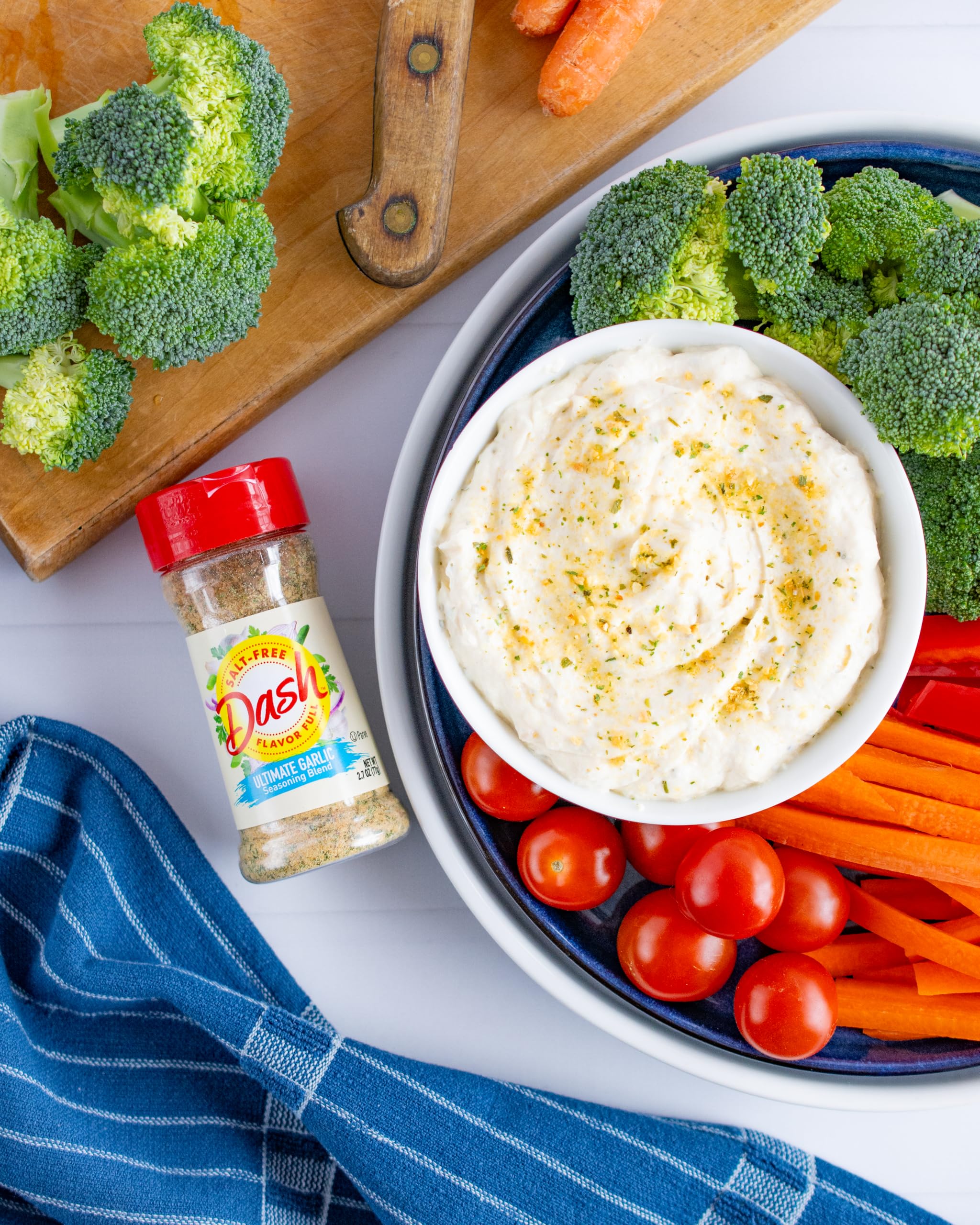 Mrs. Dash garlic seasoning on plated dish offers a savory finish without added salt.