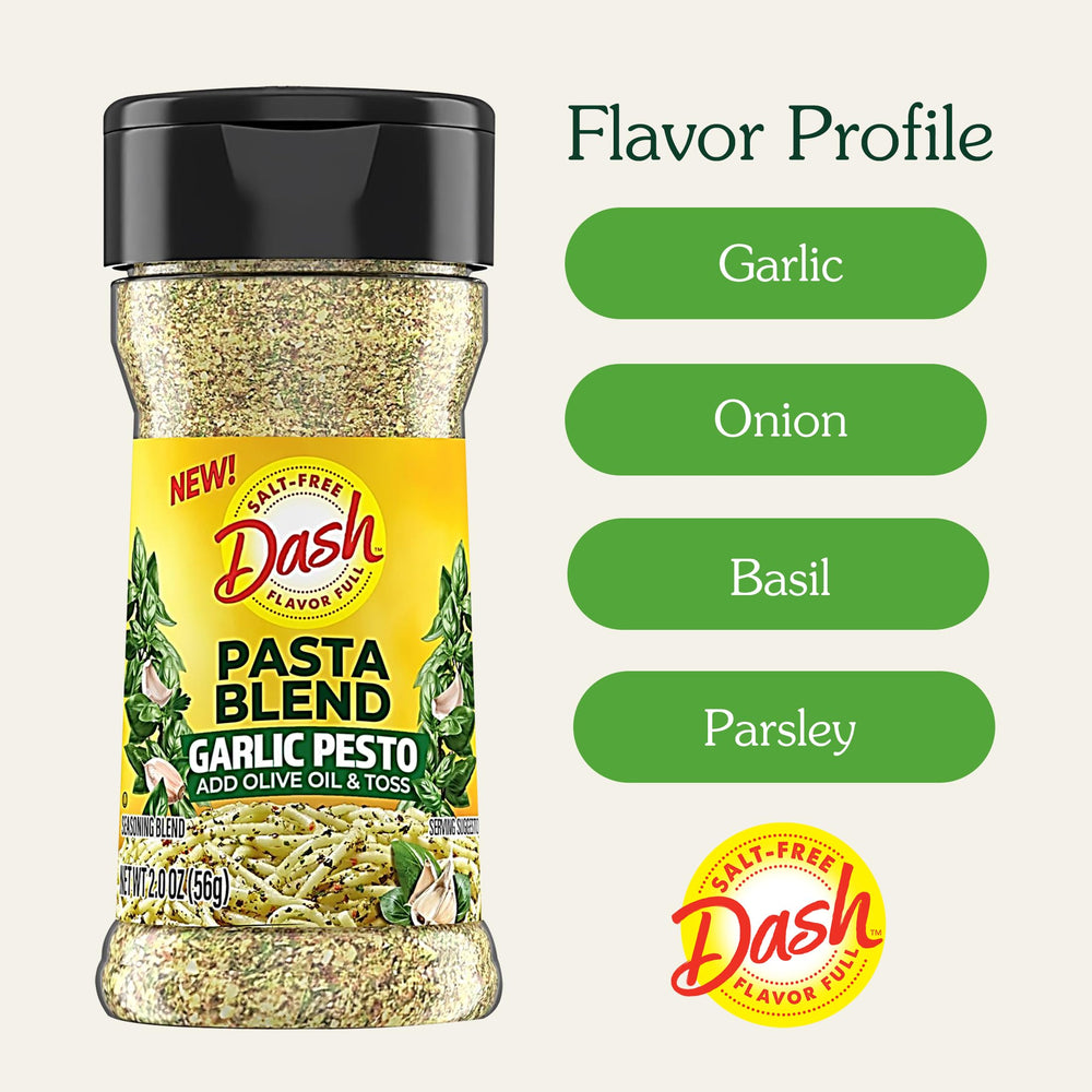 Mrs Dash Salt-Free Pasta Seasoning Mix elevates dishes with onion and basil notes.