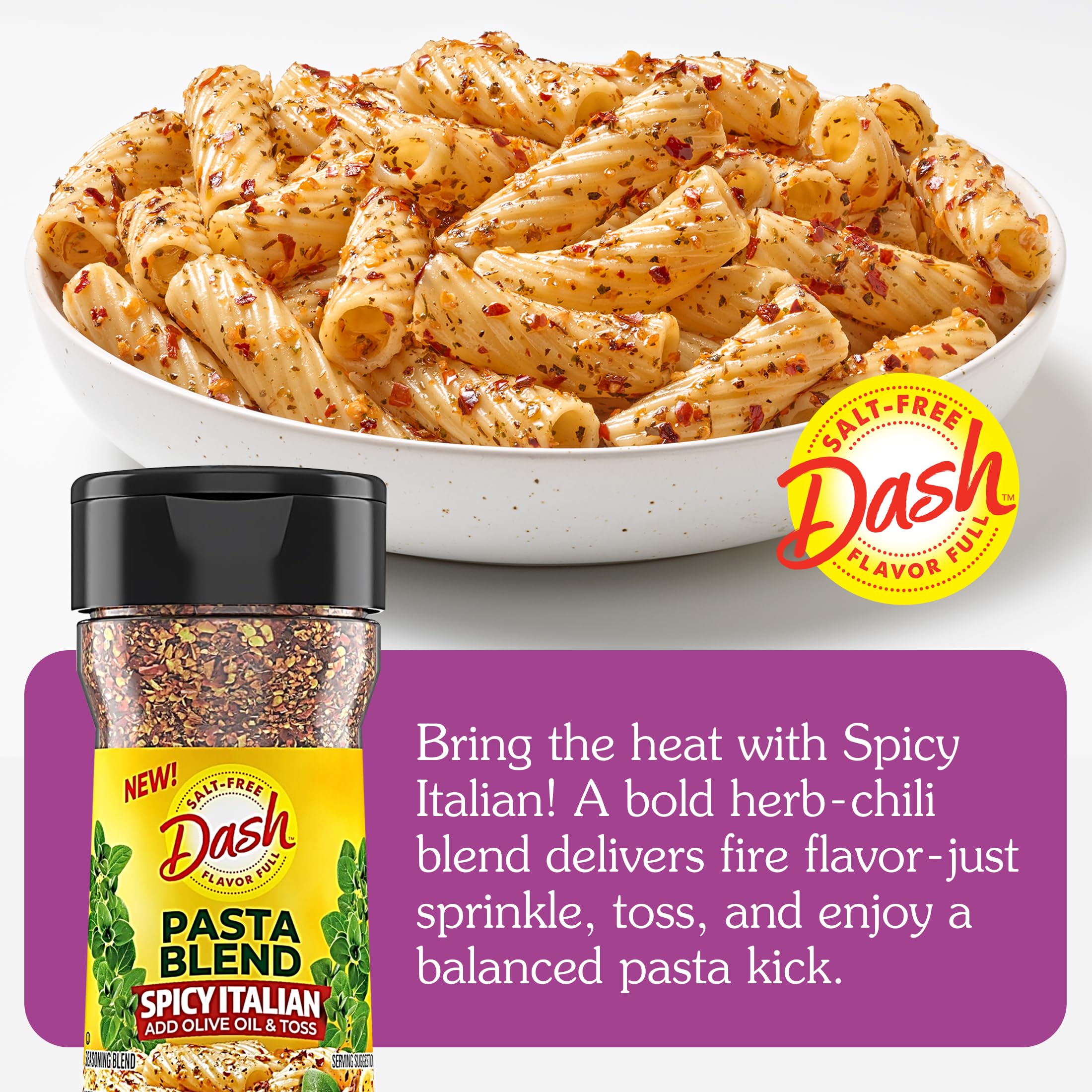 Bottle of Mrs. Dash Spicy Italian being poured onto pasta