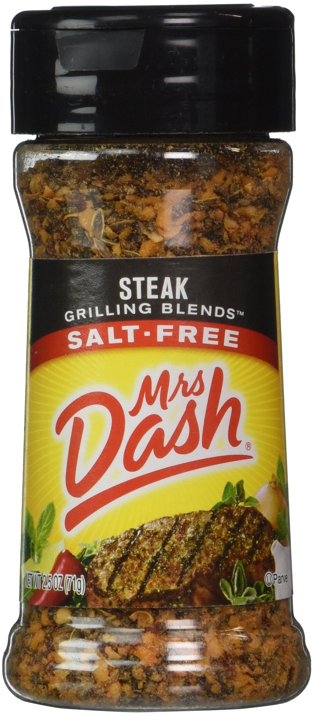 Mrs. Dash Steak Grilling Blend bottle, salt-free seasoning for steaks and grills.