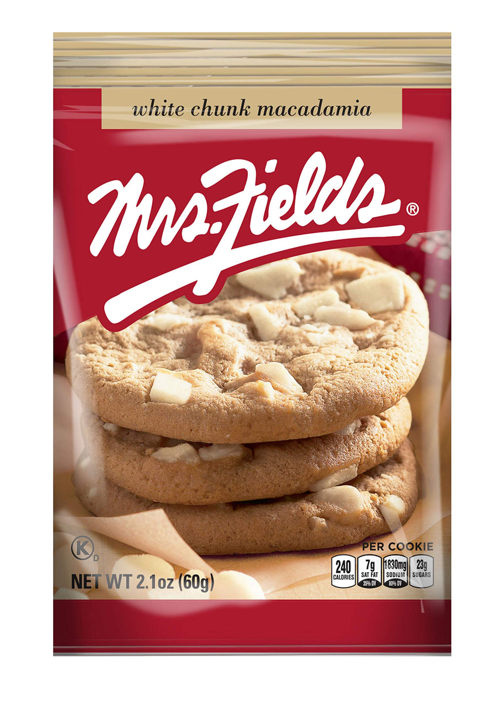 Mrs. Fields White Chunk Macadamia cookies pack 12, back view, ideal office snack.