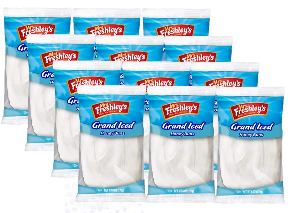 Mrs. Freshley's Grand White Iced Honey Bun, individually wrapped for on-the-go snacks.