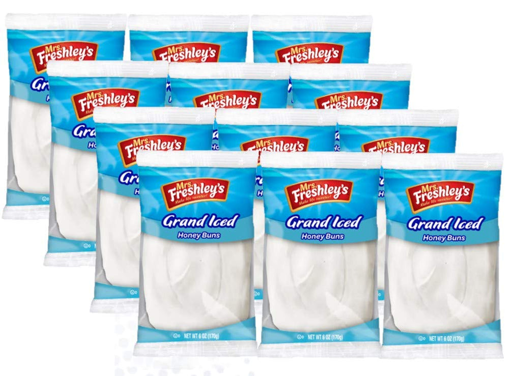 Mrs. Freshley's Grand White Iced Honey Bun, individually wrapped for on-the-go snacks.