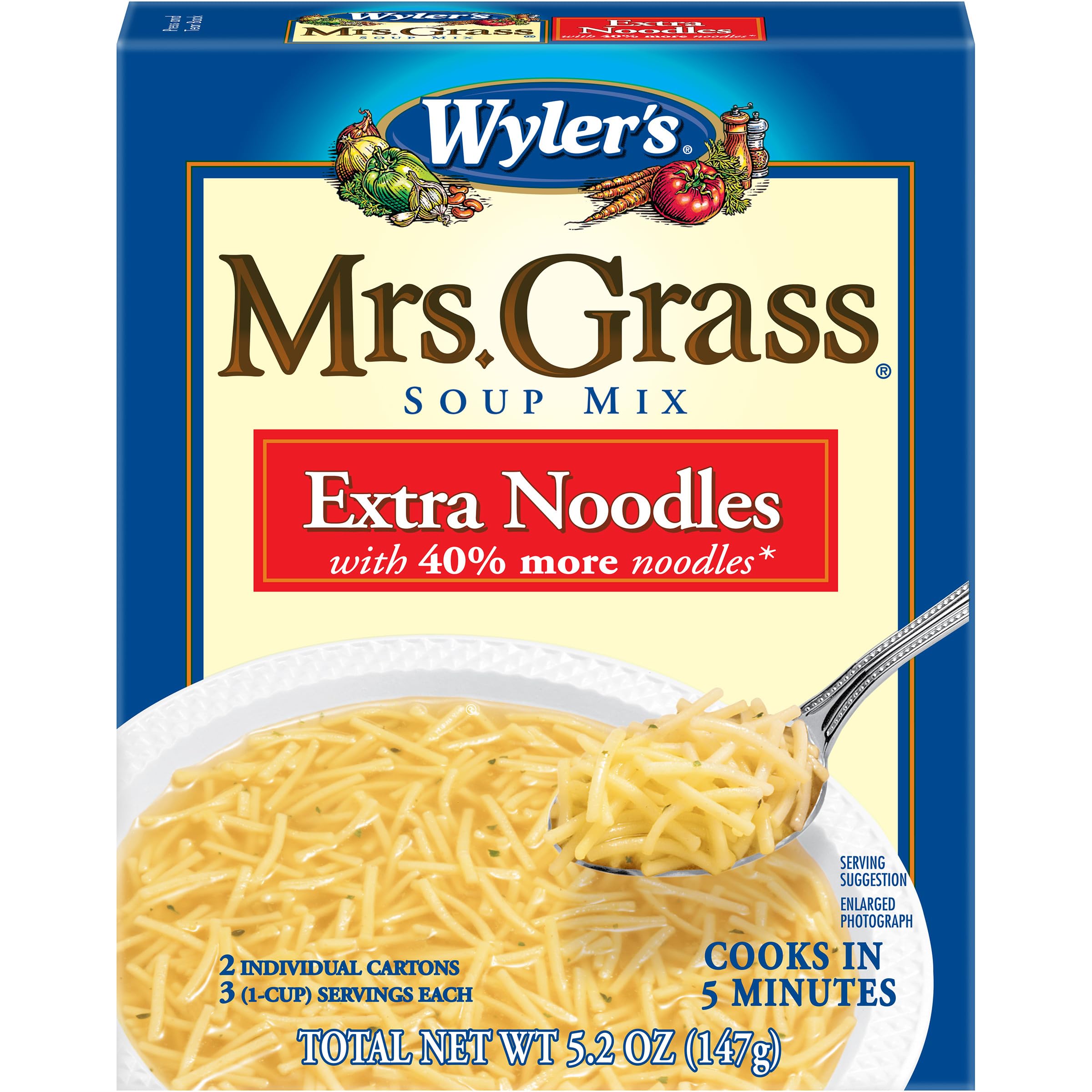 Mrs. Grass Extra Noodles Soup Mix box front shows two-pack for quick meals.