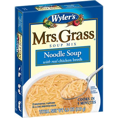 Mrs Grass Mix Soup Chicken Noodle box open reveals packets for homestyle flavor.