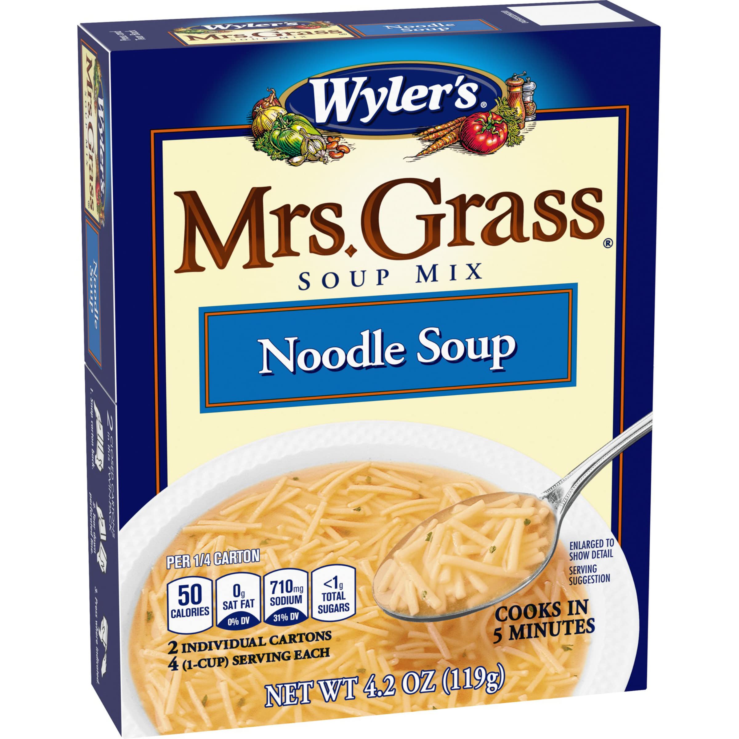 Microwave-ready Mrs. Grass soup in a mug, ideal for dorms and offices.