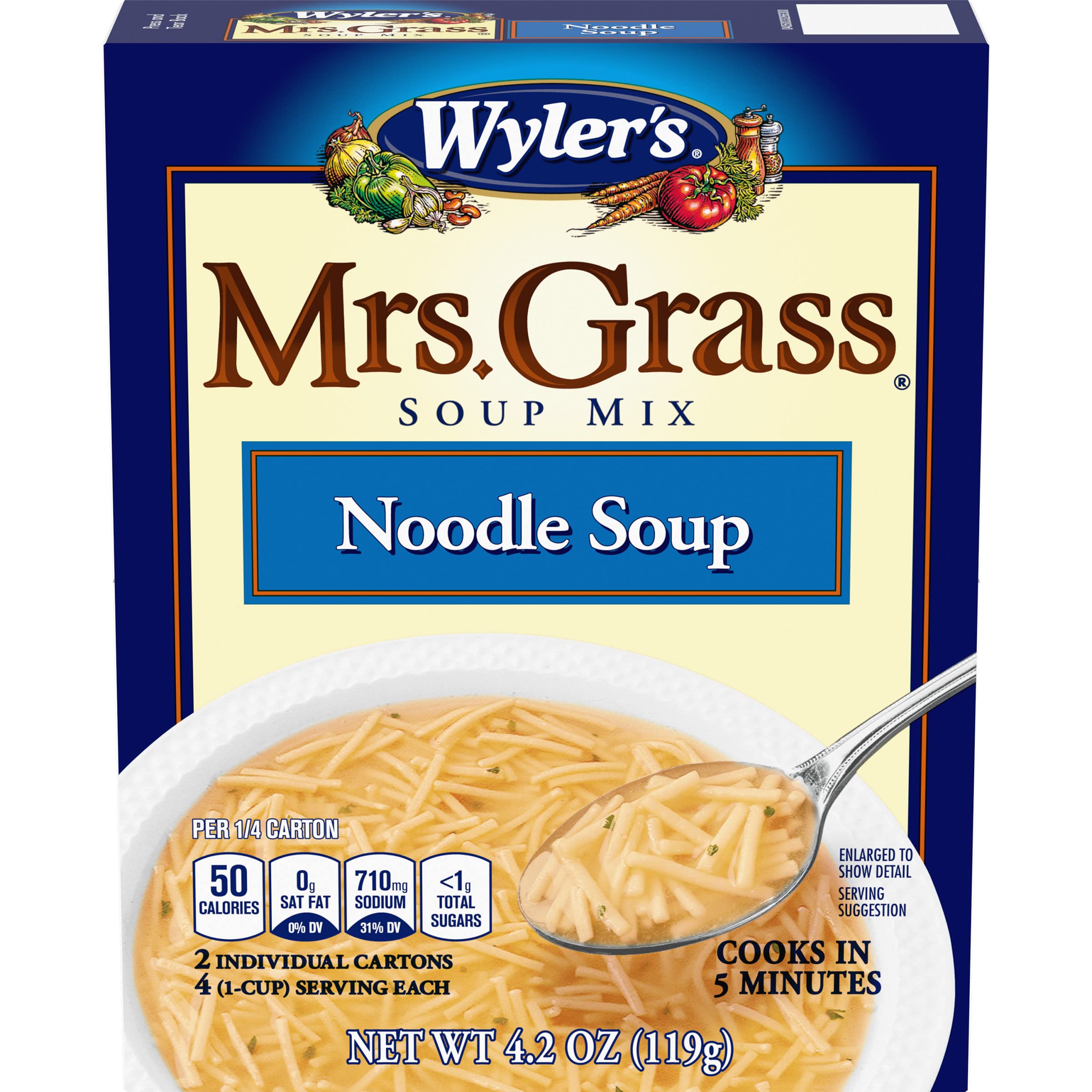 Mrs. Grass Noodle Soup box showcases packaging for quick meals