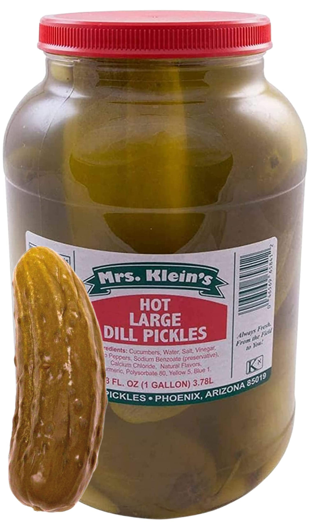 Mrs. Klein's Large Hot Pickles jar front view, bold spicy snack.