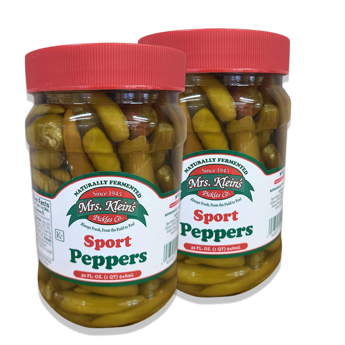 Mrs. Klein's Sport Peppers bulk 64oz packaging for bold Chicago-style hot dogs.