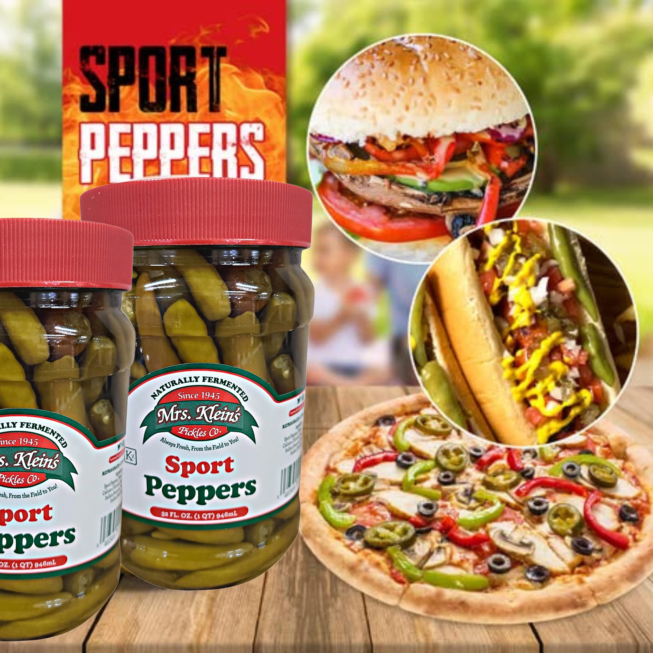 Mrs. Klein's Sport Peppers glass jar bright lighting ready for pantry.
