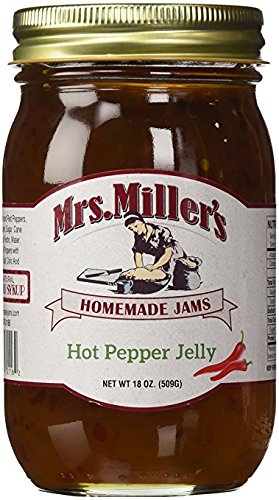 Mrs. Miller's hot pepper jelly bottle front label with Amish authenticity