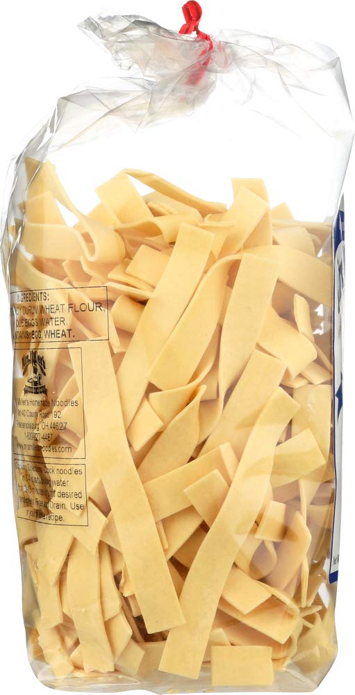 Mrs. Miller's wide egg noodles closeup shows glossy texture ideal for sauces.