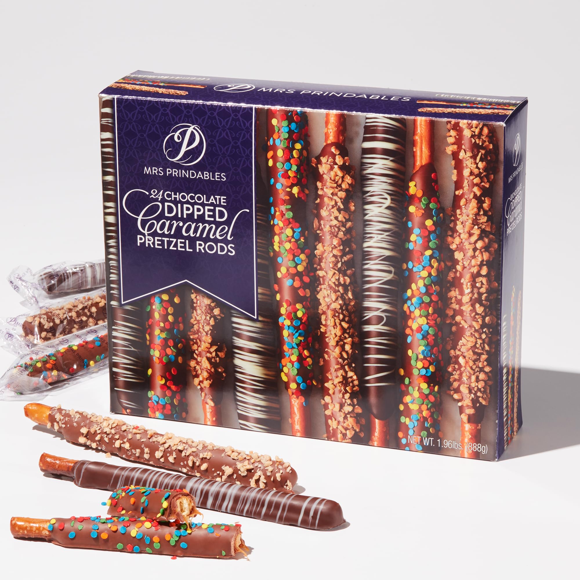 Mrs Prindables caramel-dipped pretzel rod in milk chocolate, premium gift idea