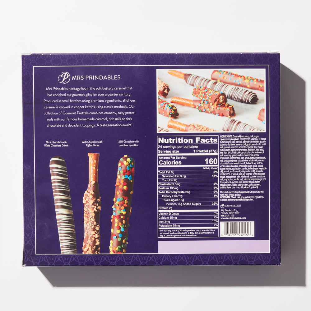 Mrs Prindables dark chocolate pretzel rod with white drizzle, ideal party favor