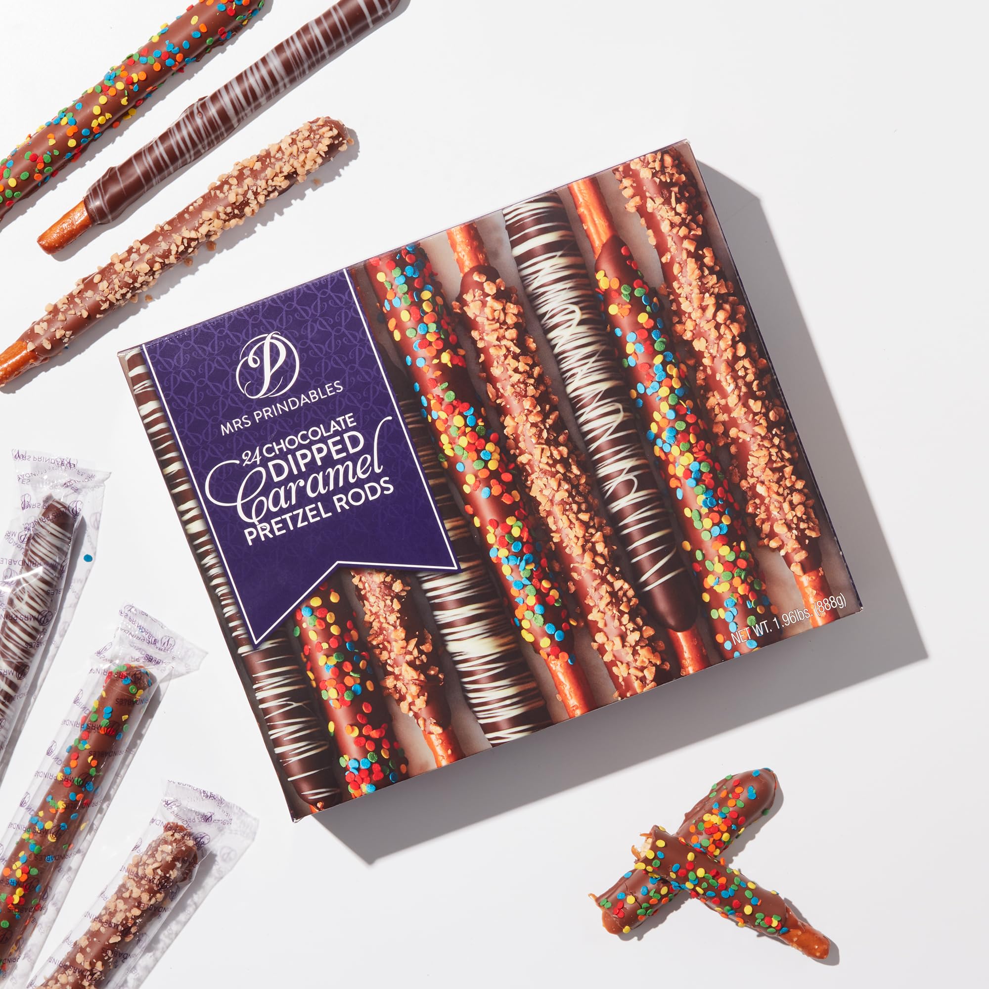 Mrs Prindables milk chocolate pretzel rod with toffee, rich crunch